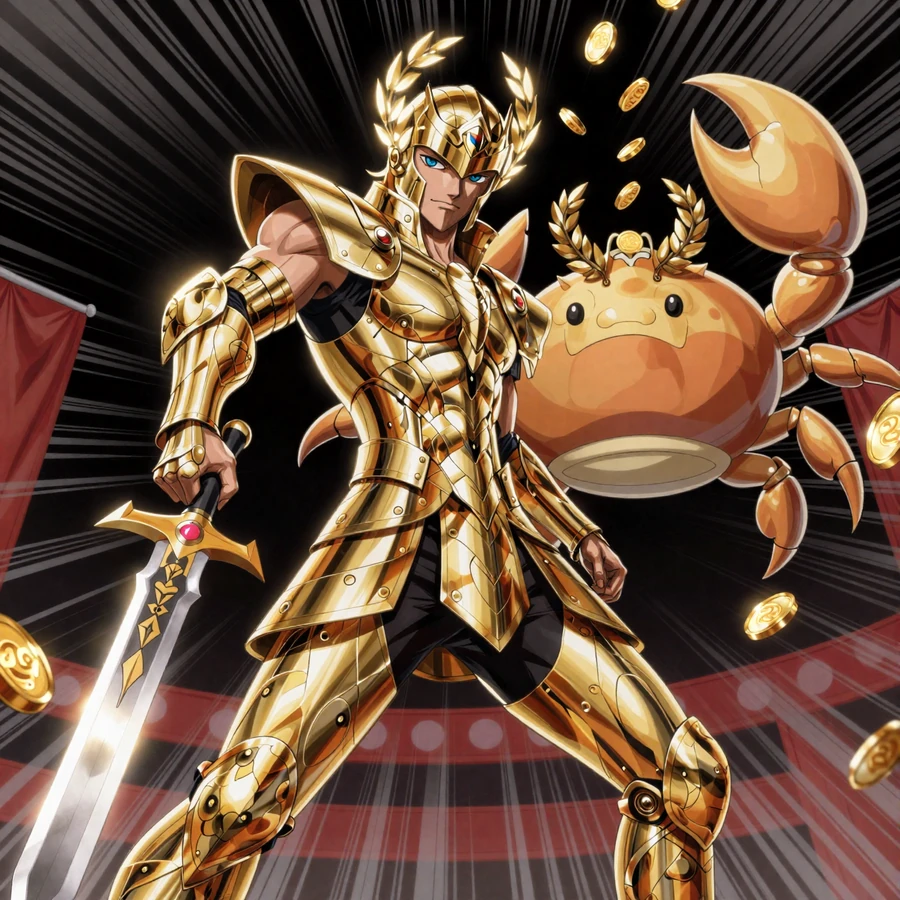 Goldener Anime-Gladiator und Bonus Crab Maskottchen in der Legiano Casino Arena