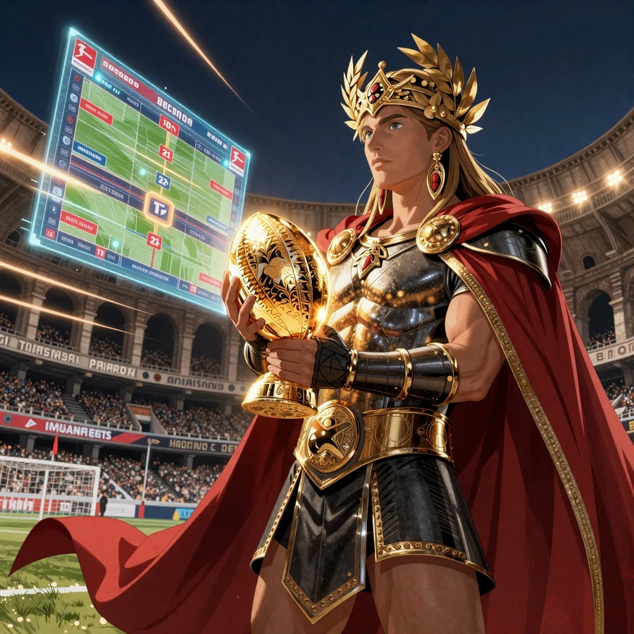 Anime-Gladiator mit goldener Troph&auml;e in Sportwetten-Arena Legiano Casino mit Bundesliga Quoten